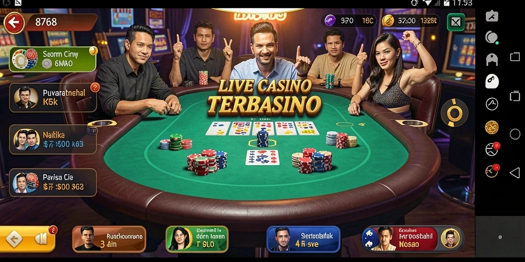 Tampilan gameplay menarik di 8768 dengan dealer yang live dan interaksi langsung.