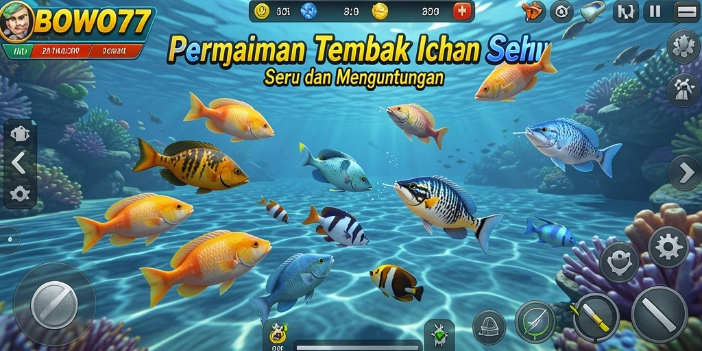 Tampilan seru gameplay BOWO77 saat menembak ikan.