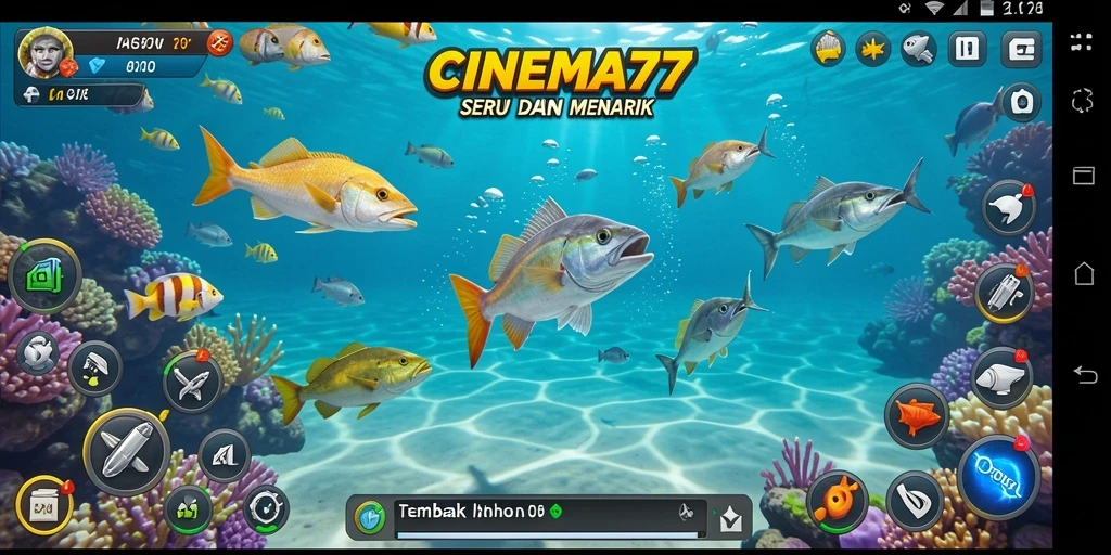 Screenshot gameplay CINEMA77 menunjukkan aksi menembak ikan yang seru.