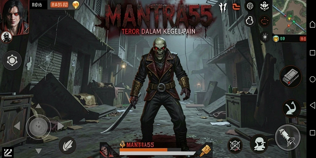 Screenshot gameplay MANTRA55 menampilkan suasana mencekam di dalam kegelapan.