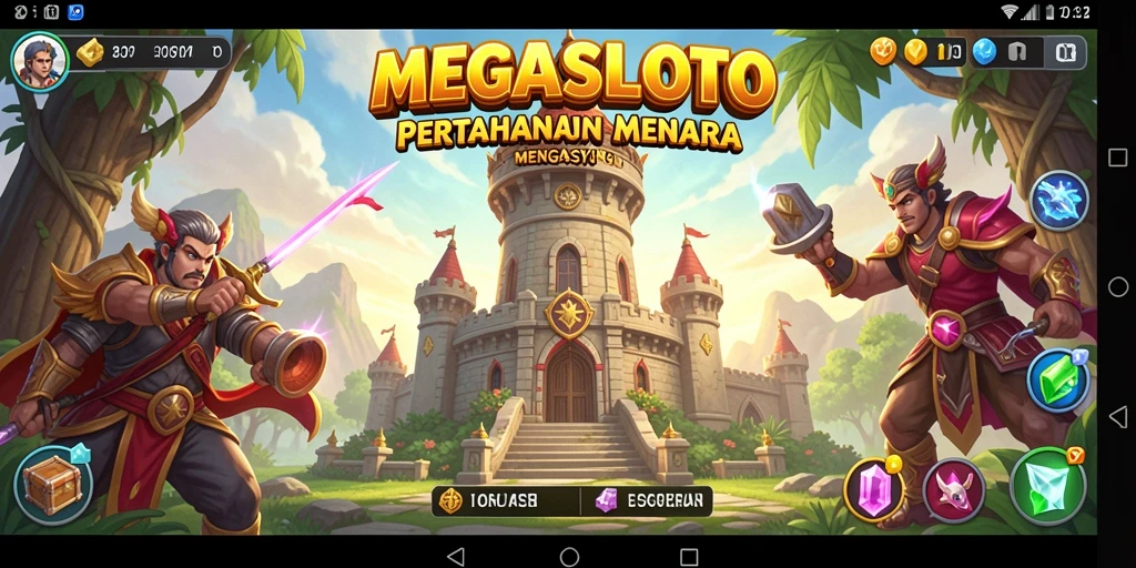 Tampilan gameplay <strong>MEGASLOTO</strong> yang epik dalam pertahanan menara.