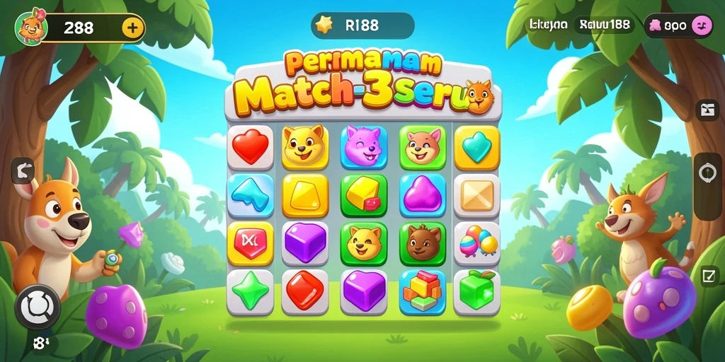 Screenshot utama RI188 menampilkan gameplay Match-3 yang penuh warna dan seru.
