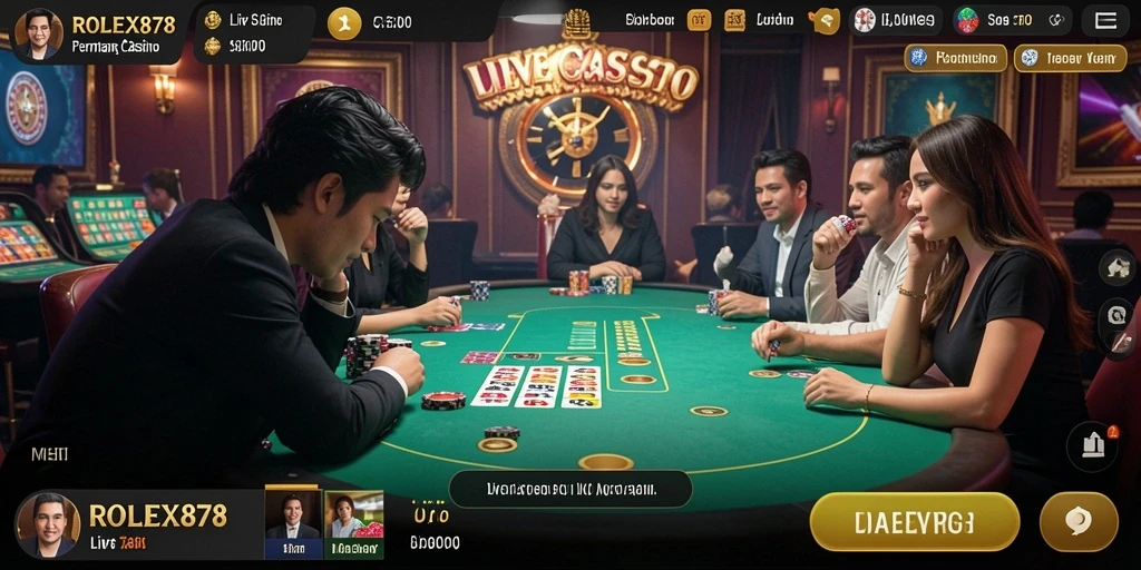 Tangkapan layar gameplay Live Casino di ROLEX878 menampilkan dealer profesional dan permainan menarik.