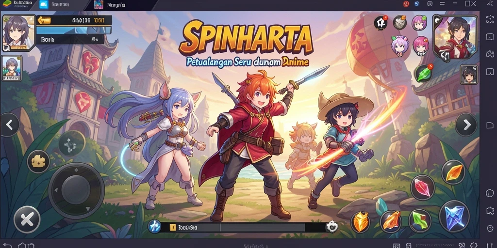 Tampilan gameplay SPINHARTA yang penuh warna dan karakter anime yang menarik.