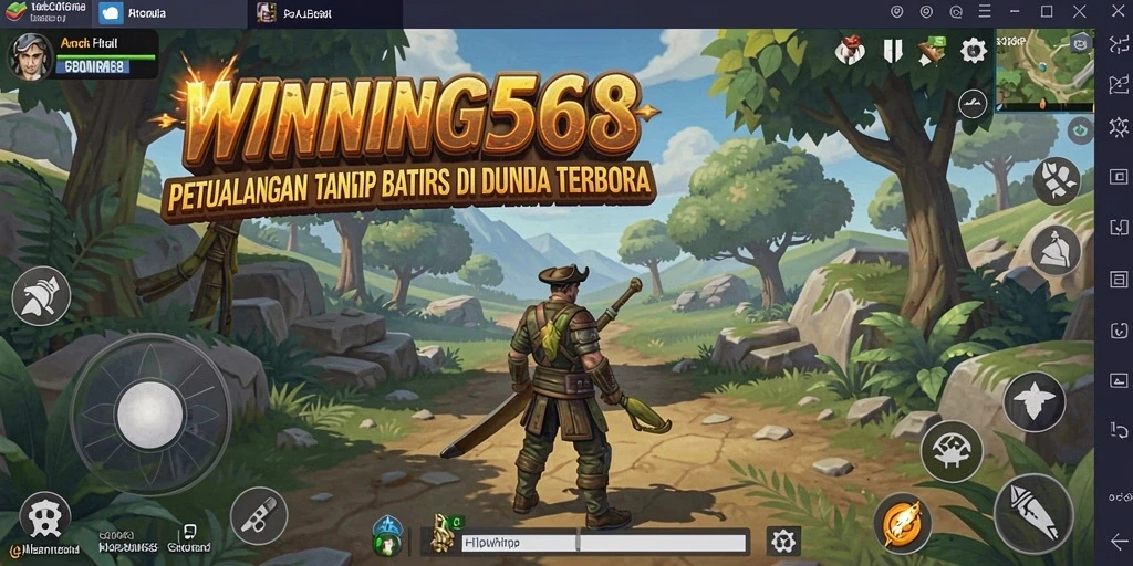 Tampilan gameplay <strong>WINNING568</strong> yang menampilkan eksplorasi dunia terbuka yang penuh warna.