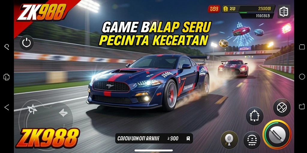 Tampilan gameplay ZK988 menampilkan balapan mendebarkan dengan mobil berkecepatan tinggi.
